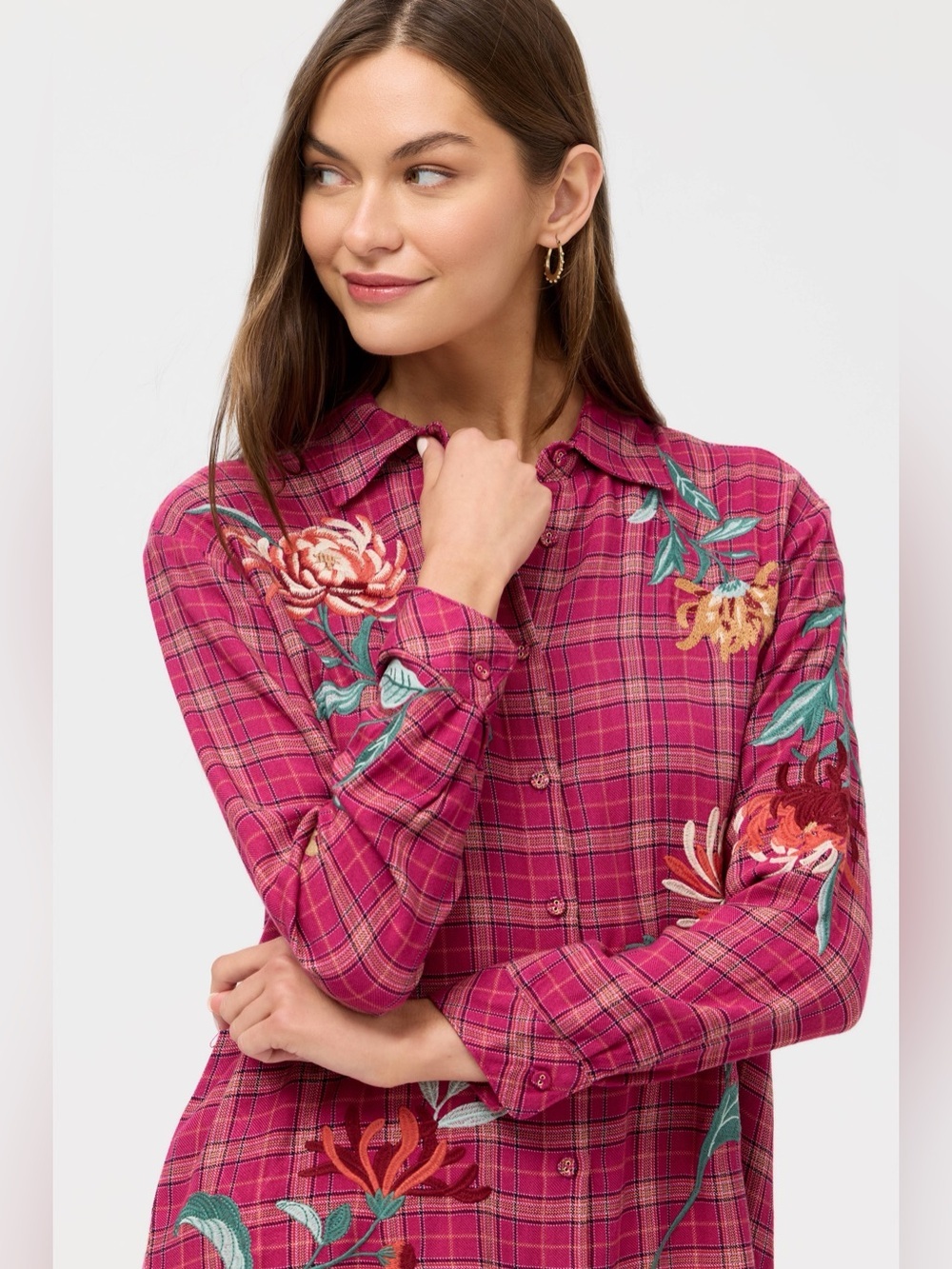 Johnny Was Embroidered Plaid Button Front Shirt Floral Rayon Pink Petite XS Boho
